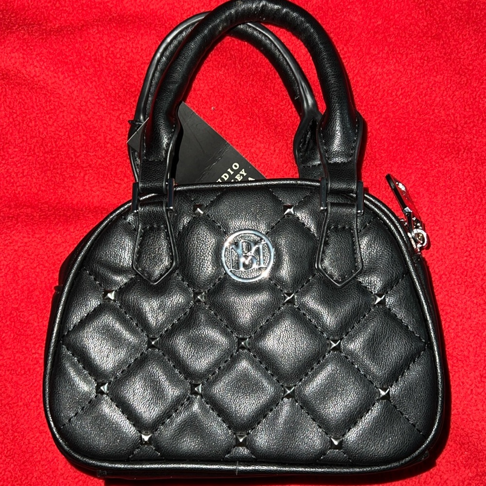 NWT BADGLEY MISCHKA vegan leather dome Studded & Quilted Convertible Handle Bag